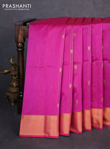 Maheswari silk cotton saree magenta pink and orange with allover zari weaves and zari woven border