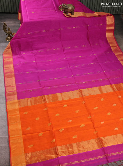 Maheswari silk cotton saree magenta pink and orange with allover zari weaves and zari woven border