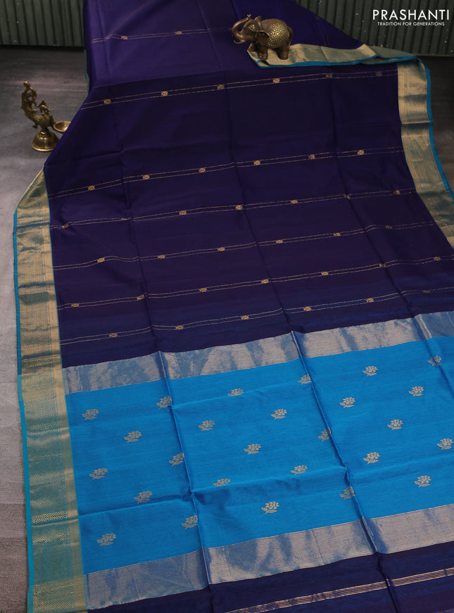 Maheswari silk cotton saree navy blue and cs blue with allover zari weaves and zari woven border