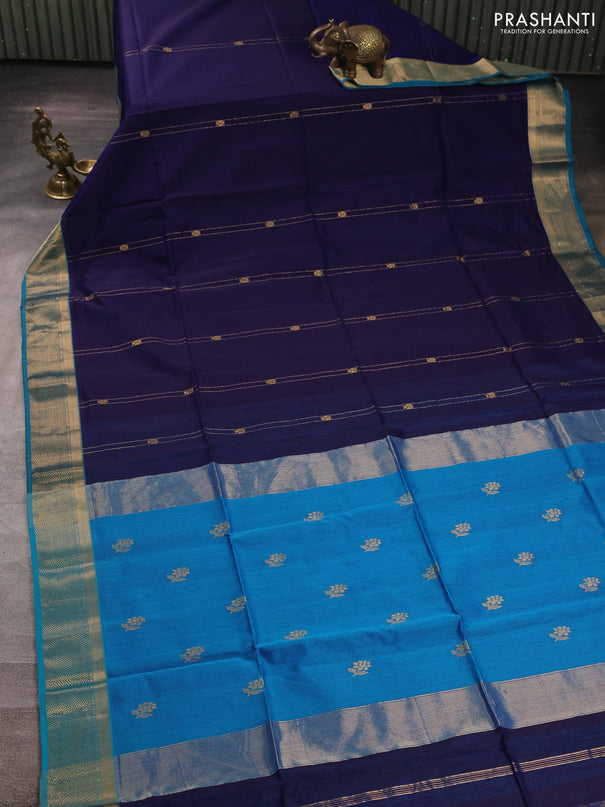 Maheswari silk cotton saree navy blue and cs blue with allover zari weaves and zari woven border