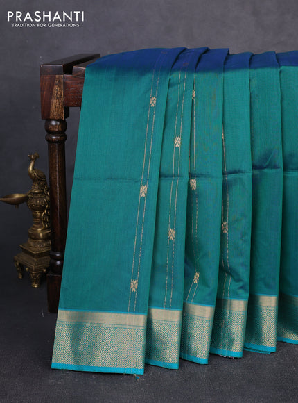 Maheswari silk cotton saree teal green and cs blue with allover zari weaves and zari woven border