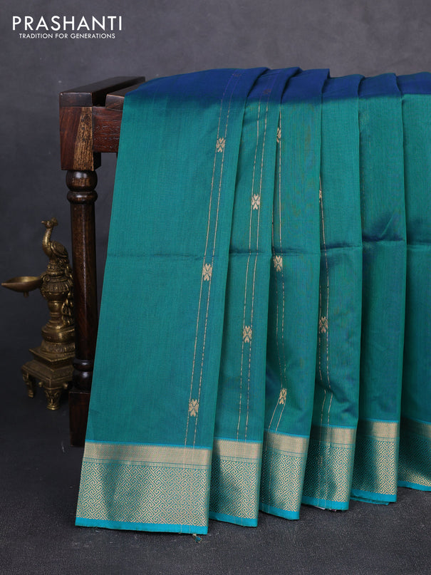 Maheswari silk cotton saree teal green and cs blue with allover zari weaves and zari woven border