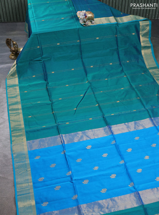 Maheswari silk cotton saree teal green and cs blue with allover zari weaves and zari woven border