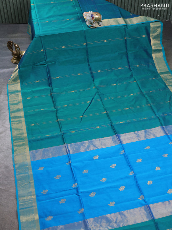 Maheswari silk cotton saree teal green and cs blue with allover zari weaves and zari woven border