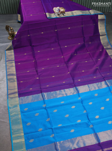 Maheswari silk cotton saree purple and teal blue with allover zari weaves and zari woven border