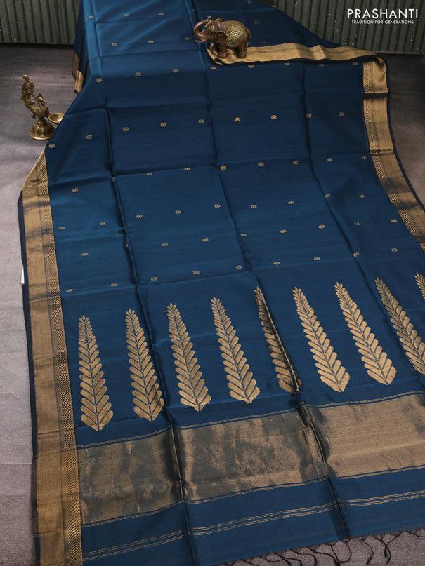 Maheswari silk cotton saree peacock blue with zari woven buttas and zari woven border