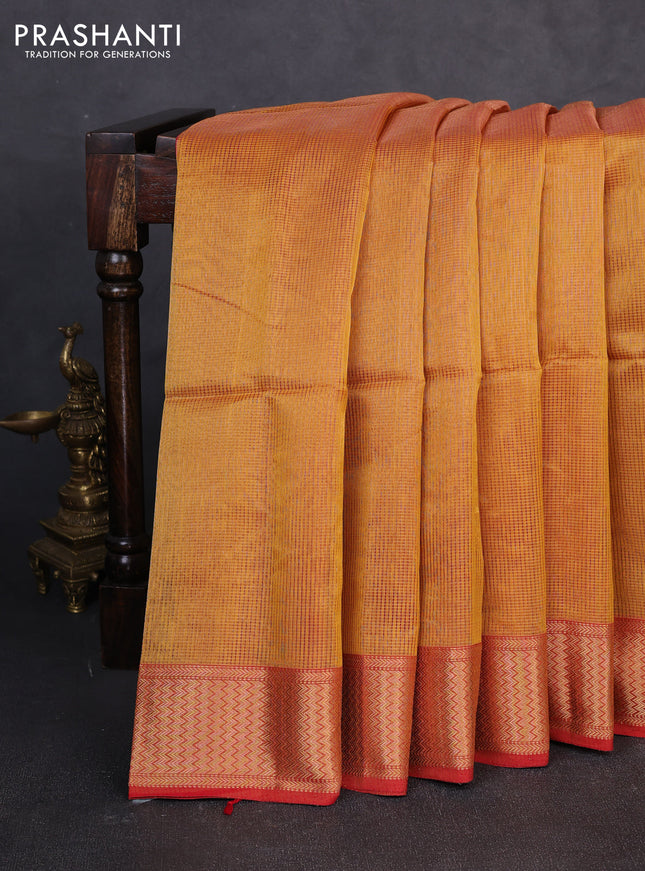 Maheswari silk cotton saree mustard yellow and red with allover small zari woven checked pattern and zari woven border