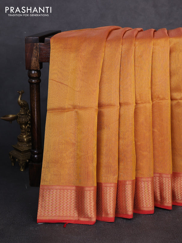Maheswari silk cotton saree mustard yellow and red with allover small zari woven checked pattern and zari woven border