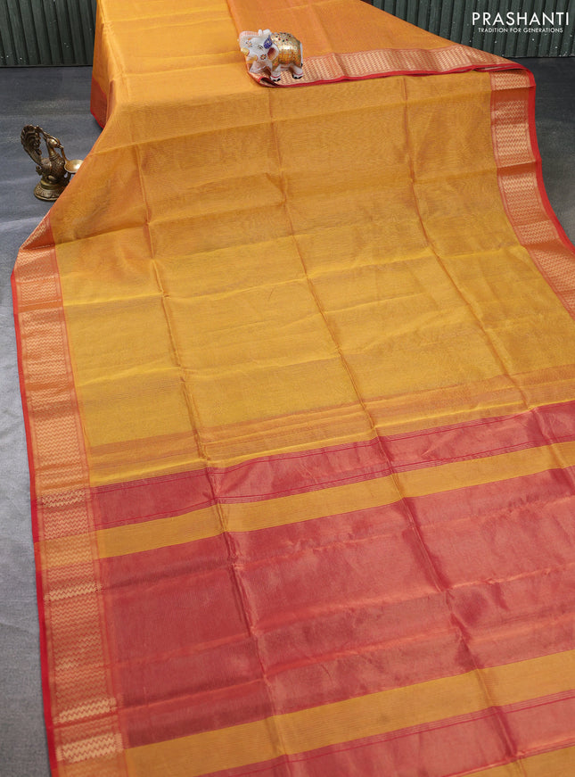 Maheswari silk cotton saree mustard yellow and red with allover small zari woven checked pattern and zari woven border