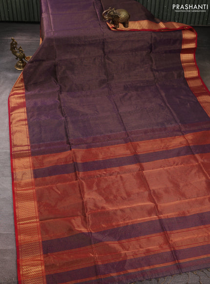 Maheswari silk cotton saree purple and red with allover small zari woven checked pattern and zari woven border