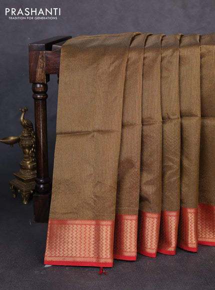 Maheswari silk cotton saree dark mustard and red with allover small zari woven checked pattern and zari woven border