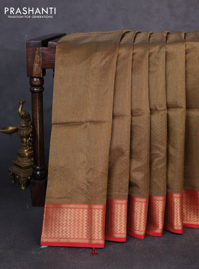 Maheswari silk cotton saree dark mustard and red with allover small zari woven checked pattern and zari woven border