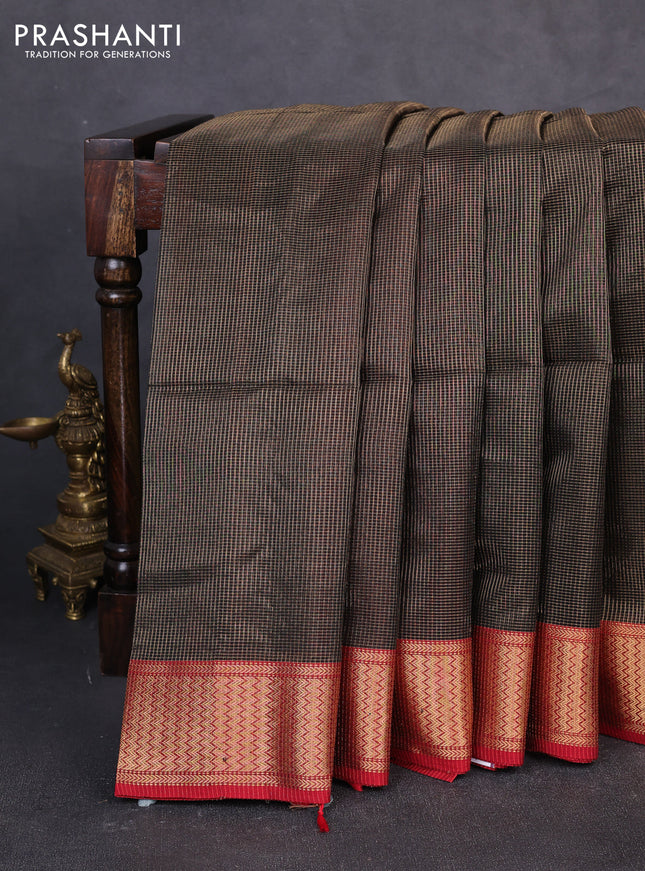 Maheswari silk cotton saree black and red with allover small zari woven checked pattern and zari woven border
