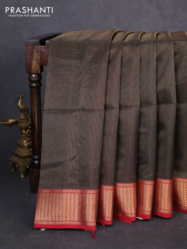 Maheswari silk cotton saree black and red with allover small zari woven checked pattern and zari woven border