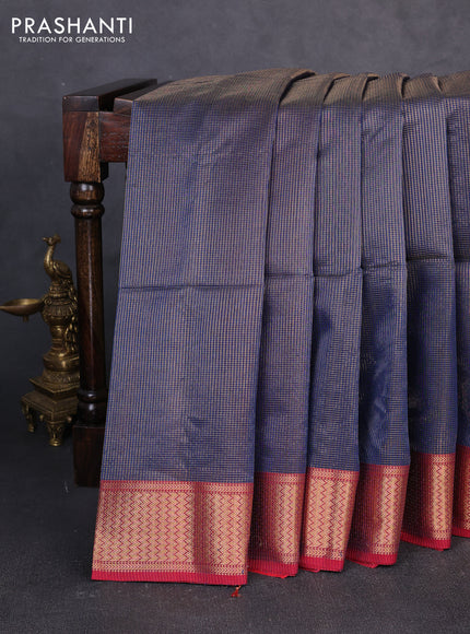 Maheswari silk cotton saree navy blue and red with allover small zari woven checked pattern and zari woven border