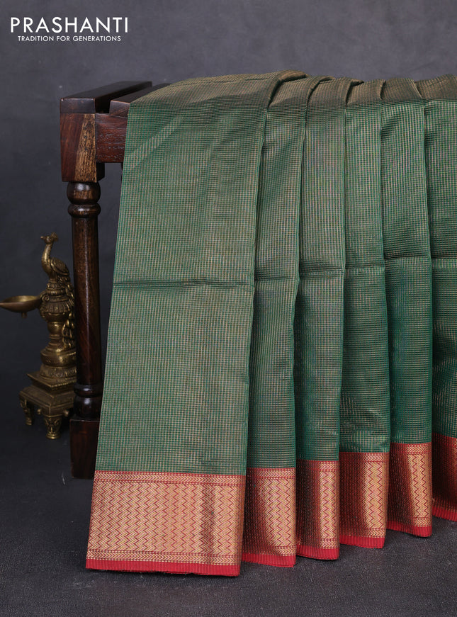 Maheswari silk cotton saree green and red with allover small zari woven checked pattern and zari woven border