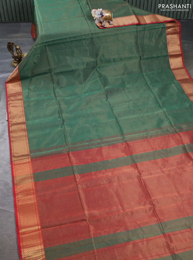 Maheswari silk cotton saree green and red with allover small zari woven checked pattern and zari woven border
