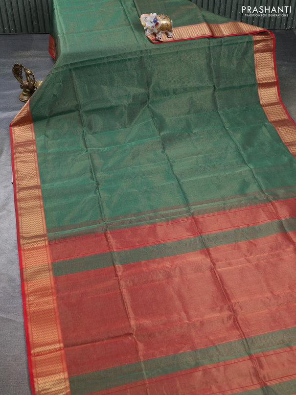 Maheswari silk cotton saree green and red with allover small zari woven checked pattern and zari woven border