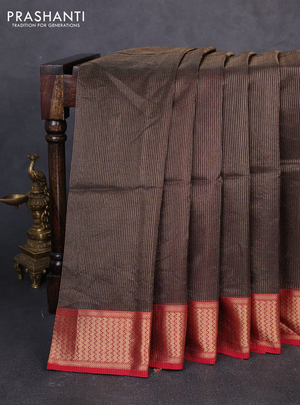 Maheswari silk cotton saree coffee brown and red with allover small zari woven checked pattern and zari woven border