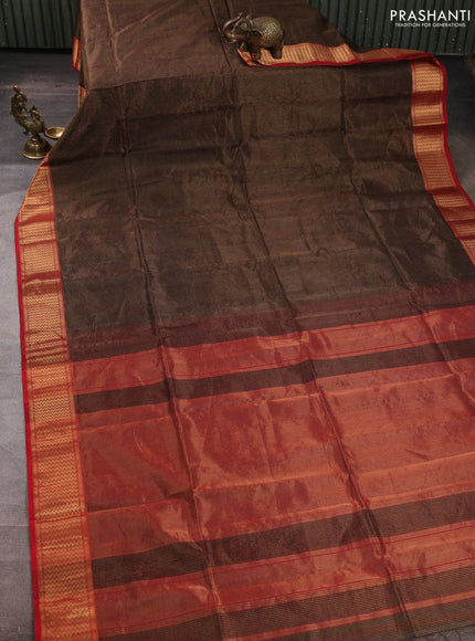 Maheswari silk cotton saree coffee brown and red with allover small zari woven checked pattern and zari woven border