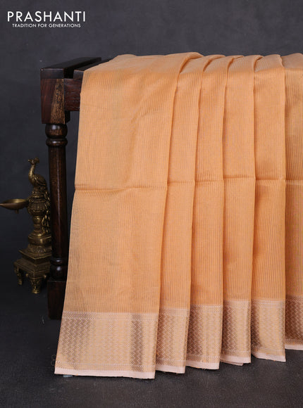 Maheswari silk cotton saree pale orange with allover small zari woven checked pattern and zari woven border