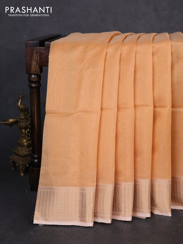 Maheswari silk cotton saree pale orange with allover small zari woven checked pattern and zari woven border