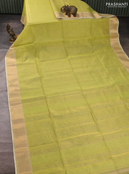 Maheswari silk cotton saree lime green with allover zari stripe pattern and zari woven border