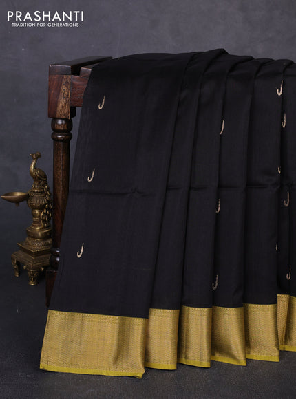 Maheswari silk cotton saree black and mustard yellow with zari woven muniya buttas and zari woven border
