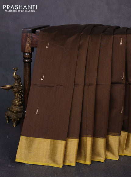 Maheswari silk cotton saree browm and lime yellow with zari woven muniya buttas and zari woven border