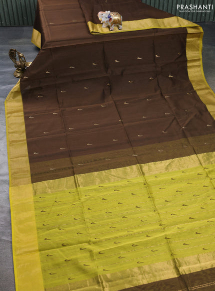 Maheswari silk cotton saree browm and lime yellow with zari woven muniya buttas and zari woven border