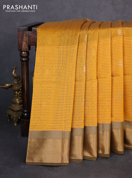 Maheswari silk cotton saree mustard yellow and black with allover stripe pattern & zari buttas and zari woven border