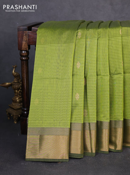 Maheswari silk cotton saree pista green and sap green with allover stripe pattern & zari buttas and zari woven border