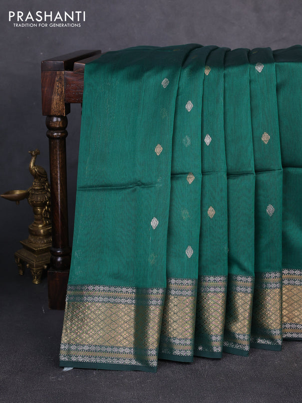 Maheswari silk cotton saree green with silver & gold zari woven buttas and zari woven border