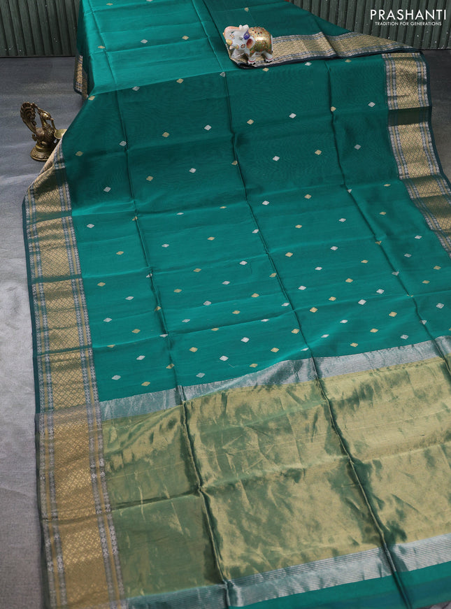 Maheswari silk cotton saree green with silver & gold zari woven buttas and zari woven border