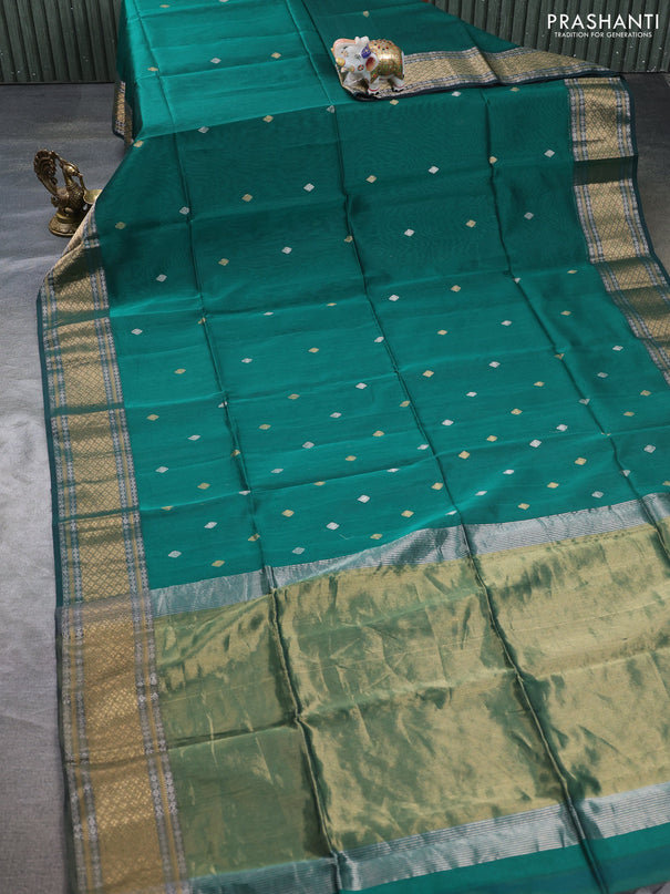 Maheswari silk cotton saree green with silver & gold zari woven buttas and zari woven border