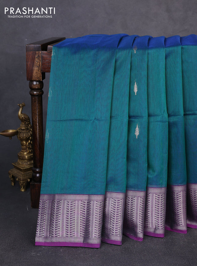 Maheswari silk cotton saree dual shade of teal green and purple with silver & gold zari woven buttas and zari woven border