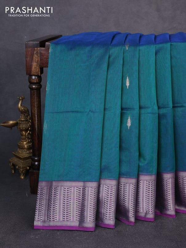 Maheswari silk cotton saree dual shade of teal green and purple with silver & gold zari woven buttas and zari woven border