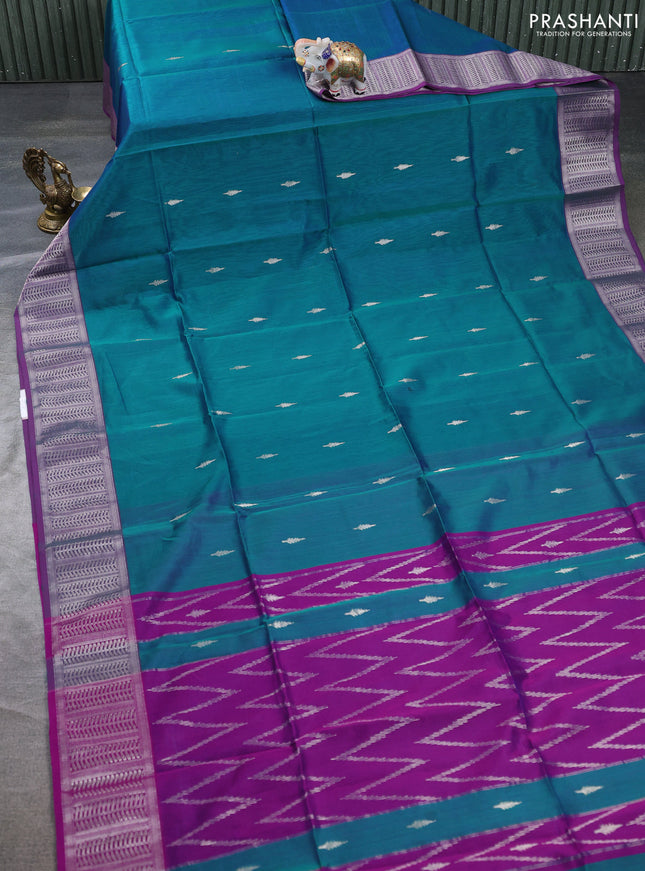 Maheswari silk cotton saree dual shade of teal green and purple with silver & gold zari woven buttas and zari woven border