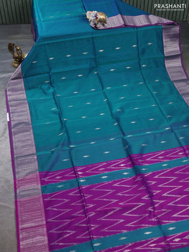 Maheswari silk cotton saree dual shade of teal green and purple with silver & gold zari woven buttas and zari woven border