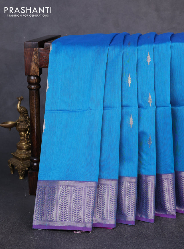 Maheswari silk cotton saree cs blue and purple with zari woven buttas and zari woven border