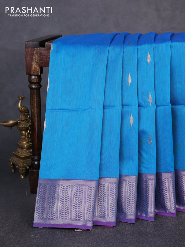 Maheswari silk cotton saree cs blue and purple with zari woven buttas and zari woven border