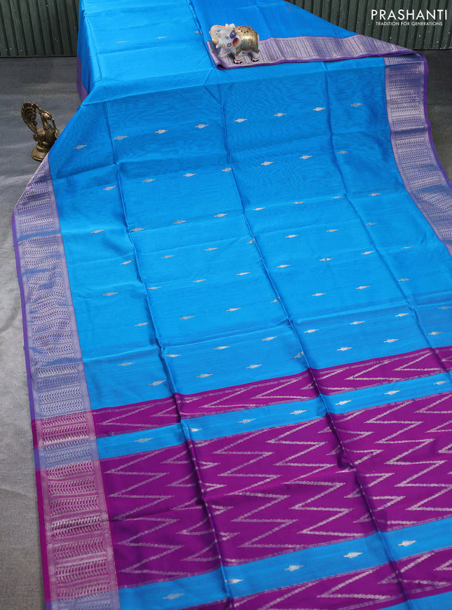 Maheswari silk cotton saree cs blue and purple with zari woven buttas and zari woven border