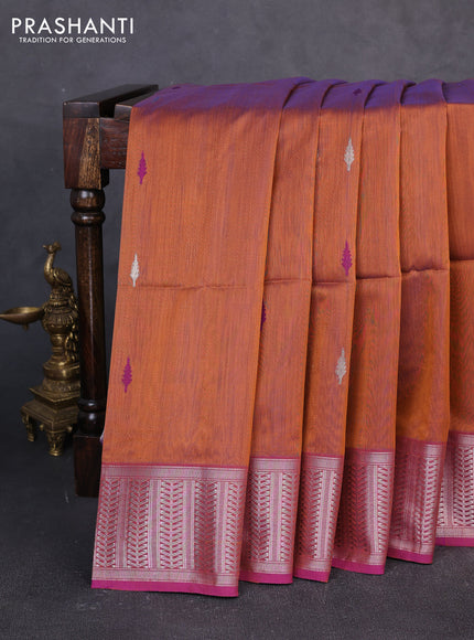 Maheswari silk cotton saree rust shade and purple with thread & silver zari woven buttas and zari woven border