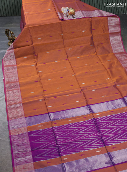 Maheswari silk cotton saree rust shade and purple with thread & silver zari woven buttas and zari woven border
