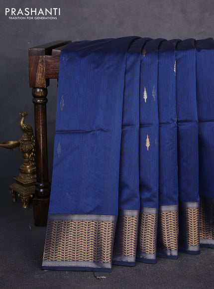 Maheswari silk cotton saree dark blue and sap green with thread & silver zari woven buttas and zari woven border