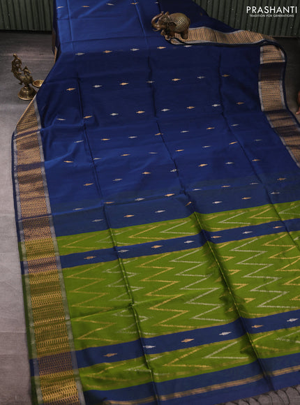 Maheswari silk cotton saree dark blue and sap green with thread & silver zari woven buttas and zari woven border