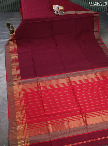 Maheswari silk cotton saree maroon and red with plain body and zari & thread woven border