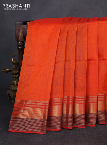 Maheswari silk cotton saree orange and red with plain body and zari & thread woven border