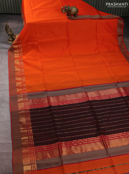 Maheswari silk cotton saree orange and red with plain body and zari & thread woven border