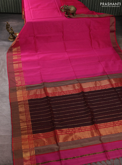 Maheswari silk cotton saree pink and red with plain body and zari & thread woven border